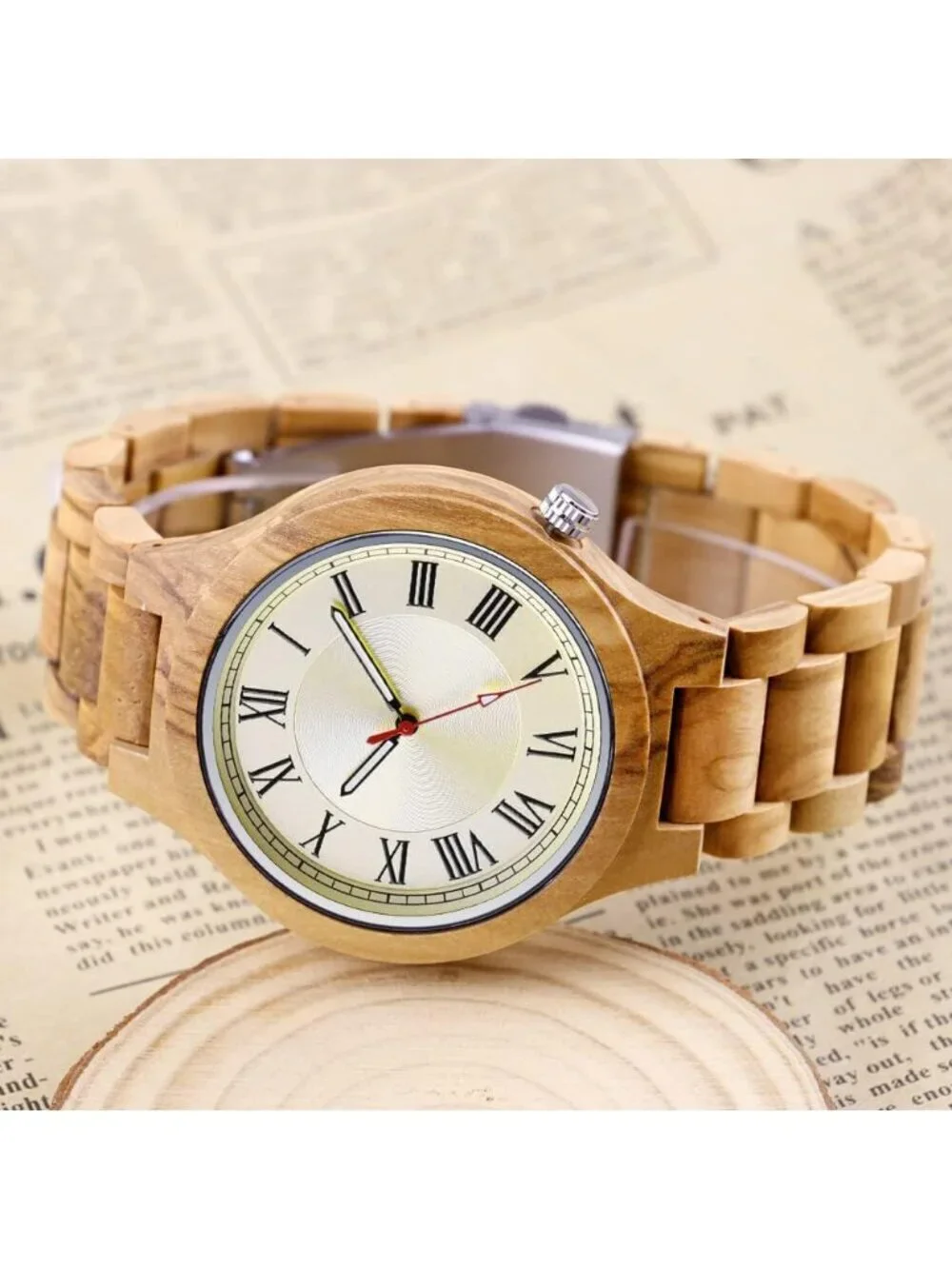 Men's White Brown Classic Handmade Round Bamboo Analog Date Quartz Wooden Watch